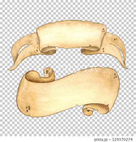 Set of two parchment ribbons. Watercolor illustration hand drawn. Drawing for cards, invitations, posters, labels. History, fairy tale, letter, paper 129370274