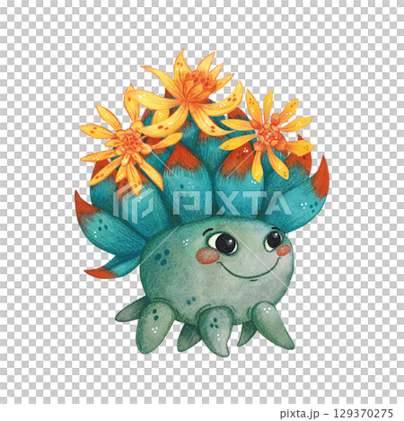 Magic bright character plant with orange flowers. Watercolor illustration, hand drawn, cartoon. For scrapbooking, journaling, stickers, printing. Plant, flower, fruit, character, funny, magic 129370275