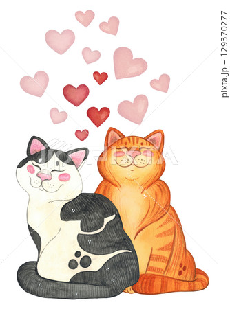 Template for postcard red cat and black and white cat on red hearts. Hand drawn watercolor illustration. Animals, cat, cat, heart Template for postcard red cat and black and white cat on red hearts. Hand drawn watercolor illustration. Animals, cat, cat, heart 129370277