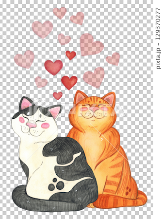 Template for postcard red cat and black and white cat on red hearts. Hand drawn watercolor illustration. Animals, cat, cat, heart Template for postcard red cat and black and white cat on red hearts. Hand drawn watercolor illustration. Animals, cat, cat, heart 129370277