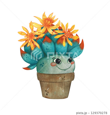 Magic bright flower character with orange buds in a pot. Watercolor illustration, hand drawn, cartoon. For scrapbooking, journaling, stickers, printing. Plant, flower, fruit, character, funny, magic Magic bright flower character with orange buds in a pot. Watercolor illustration, hand drawn, cartoon. For scrapbooking, journaling, stickers, printing. Plant, flower, fruit, character, funny, magic 129370278