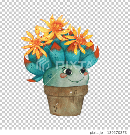 Magic bright flower character with orange buds in a pot. Watercolor illustration, hand drawn, cartoon. For scrapbooking, journaling, stickers, printing. Plant, flower, fruit, character, funny, magic Magic bright flower character with orange buds in a pot. Watercolor illustration, hand drawn, cartoon. For scrapbooking, journaling, stickers, printing. Plant, flower, fruit, character, funny, magic 129370278