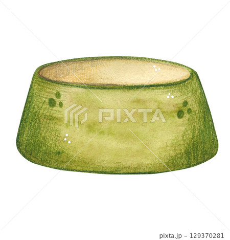 Green cup for pet food. Watercolor illustration hand drawn, cartoon. Drawing for stickers, cards, posters. Feed, cat, food, nutrition, cup, green, bowl, treat 129370281