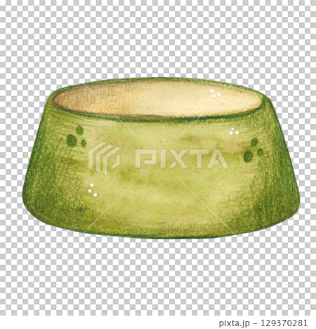 Green cup for pet food. Watercolor illustration hand drawn, cartoon. Drawing for stickers, cards, posters. Feed, cat, food, nutrition, cup, green, bowl, treat Green cup for pet food. Watercolor illustration hand drawn, cartoon. Drawing for stickers, cards, posters. Feed, cat, food, nutrition, cup, green, bowl, treat 129370281