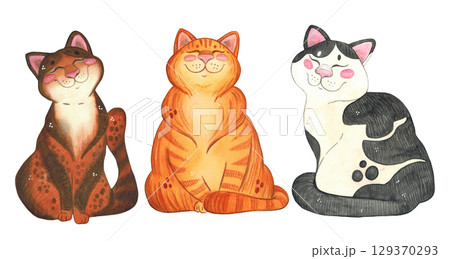 Seamless border with cats, cartoon. Hand drawn watercolor illustration. Drawing for fabrics, paper, cards. character, cartoon, cat, character, pet, animal Seamless border with cats, cartoon. Hand drawn watercolor illustration. Drawing for fabrics, paper, cards. character, cartoon, cat, character, pet, animal 129370293