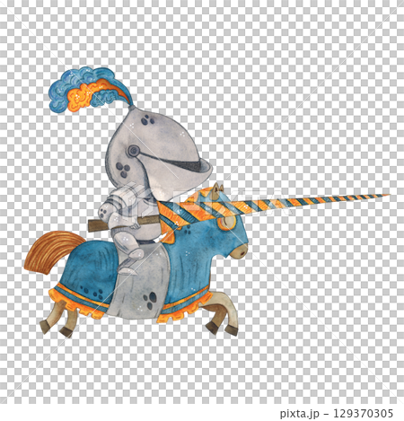 Knight in armor riding a horse in a blanket with a spear. Watercolor illustration hand drawn, cartoon. Drawing for cards, stickers, scrapbooking. Middle Ages, history Knight in armor riding a horse in a blanket with a spear. Watercolor illustration hand drawn, cartoon. Drawing for cards, stickers, scrapbooking. Middle Ages, history 129370305