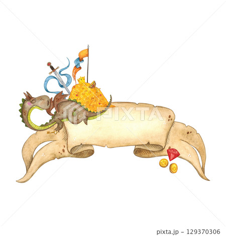 Composition, dragon with a key in its paw next to a pile of gold on the background of a ribbon of old parchment. Watercolor illustration hand-drawn, cartoon. For scrapbooking, journaling Composition, dragon with a key in its paw next to a pile of gold on the background of a ribbon of old parchment. Watercolor illustration hand-drawn, cartoon. For scrapbooking, journaling 129370306