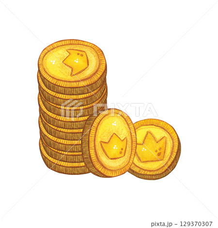 Stack of gold coins and two lying next to the image of a crown. Watercolor illustration hand draw, cartoon. Wealth, bank, income, money, investment, saving, business,deposit, economy 129370307