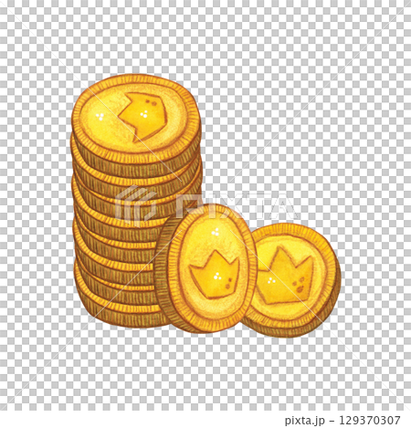 Stack of gold coins and two lying next to the image of a crown. Watercolor illustration hand draw, cartoon. Wealth, bank, income, money, investment, saving, business,deposit, economy 129370307