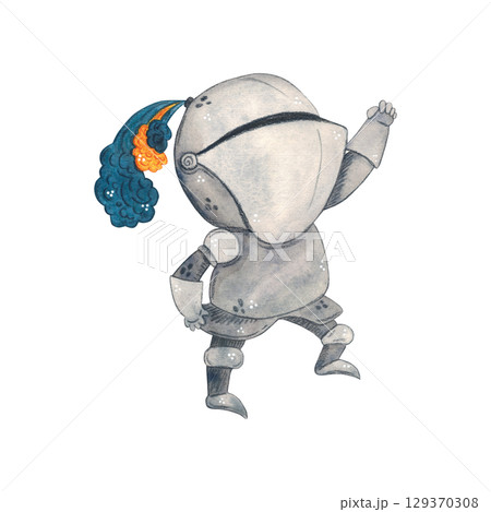 Knight in armor with raised hand. Watercolor illustration hand drawn, cartoon. Drawing for cards, stickers, scrapbooking. Middle Ages, history, tournament, battle, competit 129370308