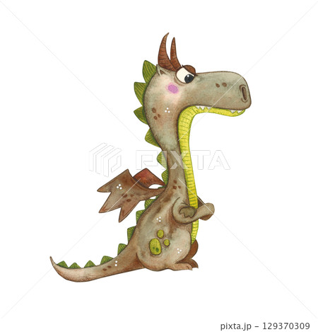 A fairytale dragon stands with a frown, brown with a green belly. Watercolor illustration hand drawn, cartoon. Drawing for stickers, posters, cards, prints, books A fairytale dragon stands with a frown, brown with a green belly. Watercolor illustration hand drawn, cartoon. Drawing for stickers, posters, cards, prints, books 129370309