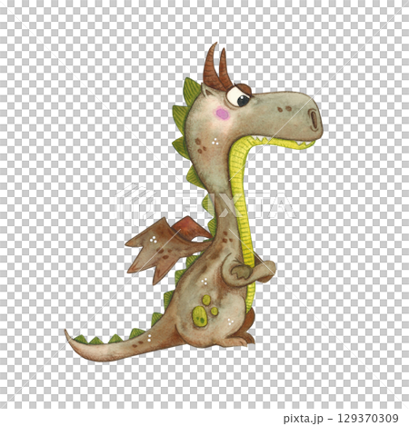 A fairytale dragon stands with a frown, brown with a green belly. Watercolor illustration hand drawn, cartoon. Drawing for stickers, posters, cards, prints, books A fairytale dragon stands with a frown, brown with a green belly. Watercolor illustration hand drawn, cartoon. Drawing for stickers, posters, cards, prints, books 129370309