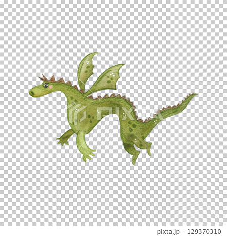 Fairytale green dragon flies. Watercolor illustration hand drawn, cartoon. Drawing for stickers, posters, cards, prints, children's books. dragon, animal, fairy tale 129370310