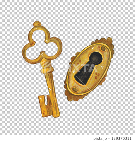 Set of two items, key and keyhole. Watercolor hand drawn illustration. Drawing for cards, invitations, posters, labels. History, fairy tale, castle, golden, door, alice in wonderla Set of two items, key and keyhole. Watercolor hand drawn illustration. Drawing for cards, invitations, posters, labels. History, fairy tale, castle, golden, door, alice in wonderla 129370311
