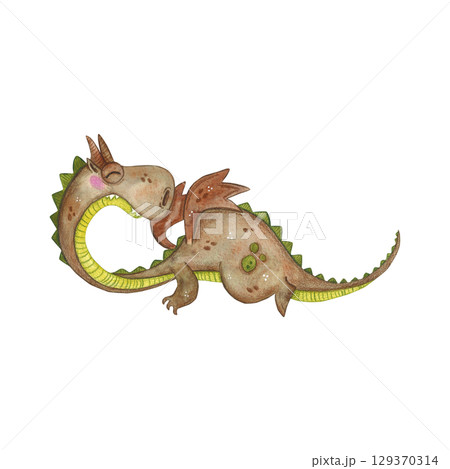Fairytale dragon in flight, brown with a green belly. Watercolor illustration hand drawn, cartoon. Drawing for stickers, posters, cards, prints, children's books 129370314