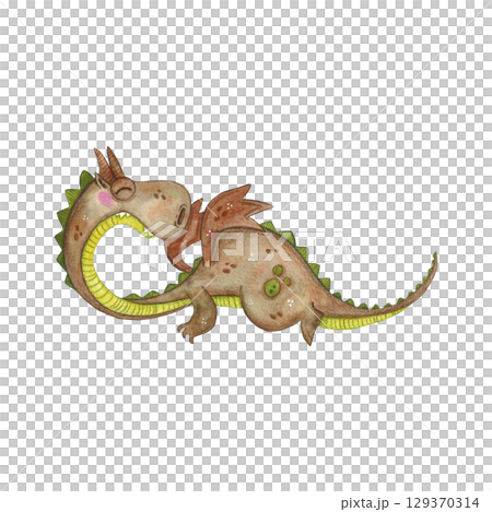 Fairytale dragon in flight, brown with a green belly. Watercolor illustration hand drawn, cartoon. Drawing for stickers, posters, cards, prints, children's books 129370314