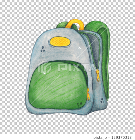 School backpack, briefcase, gray with green pocket and yellow straps. Watercolor illustration hand drawn, cartoon. Drawing for stickers, posters, card blanks, scrapbooking, journaling. School, bag 129370318