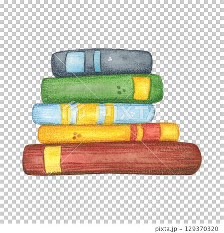 Stack of school books, textbooks. Watercolor illustration hand drawn, cartoon. Drawing for stickers, posters, postcard blanks, scrapbooking, journaling. School, pupil, student, notebook, green Stack of school books, textbooks. Watercolor illustration hand drawn, cartoon. Drawing for stickers, posters, postcard blanks, scrapbooking, journaling. School, pupil, student, notebook, green 129370320
