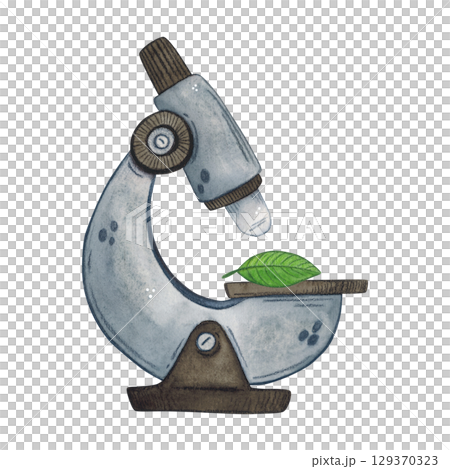 Light microscope with leaf on stage. Watercolor hand drawn illustration, cartoon. Design for stickers, posters, card blanks, scrapbooking, journaling. science, laboratory, equipment, microscope, leaf 129370323