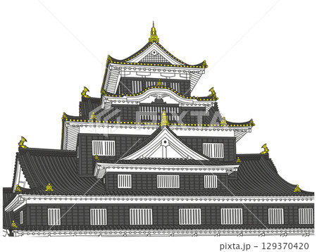 岡山城のリアルな天守閣イラスト 129370420