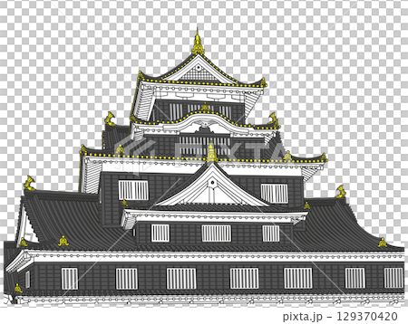 A realistic illustration of Okayama Castle's castle tower 129370420
