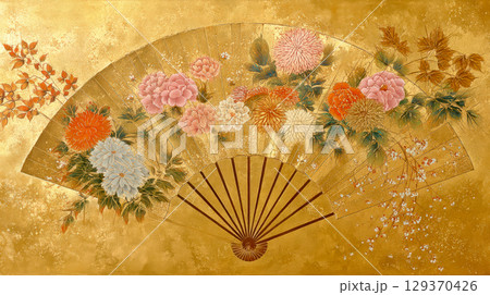 金屏風の扇子と花の年賀状デザイン 129370426