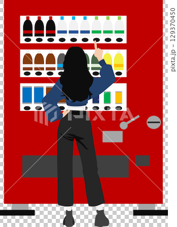 自動販売機で購入する女性のイラスト	 129370450