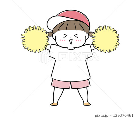 ポンポンで応援する女の子（ピンク） 129370461