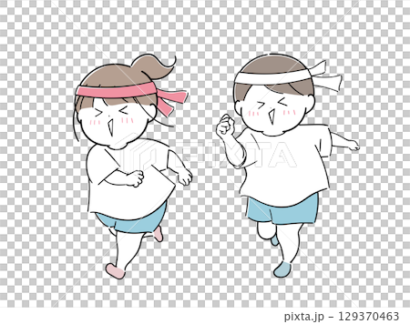 運動会で走る男女の子どもセット 129370463
