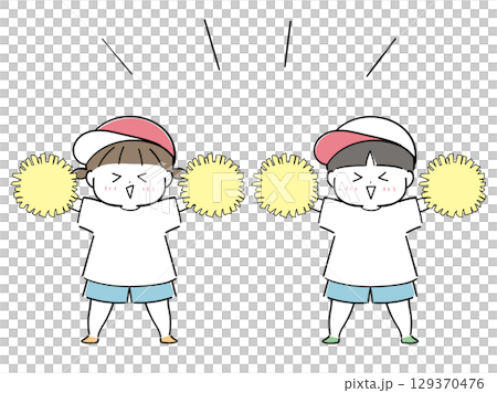 Set of boys and girls cheering with pom-poms 129370476