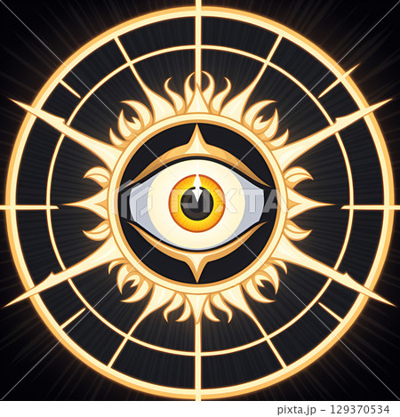 Mysterious golden eye within a cosmic sun mandala radiating powerful spiritual energy and ancient wisdom 129370534