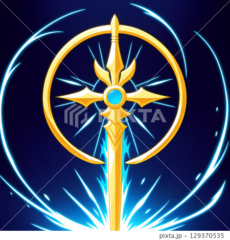 Golden ornate sword with mystical blue energy radiating outwards, symbolizing power and magic 129370535