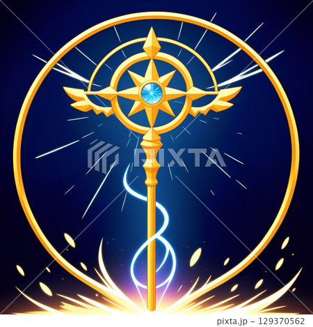 Golden magical staff with glowing crystal and celestial energy radiating power, perfect for fantasy or spiritual projects Golden magical staff with glowing crystal and celestial energy radiating power, perfect for fantasy or spiritual projects 129370562