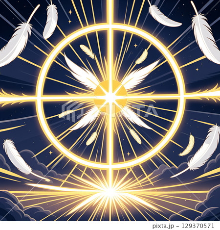 Divine light bursts forth from celestial portal surrounded by floating feathers against a starry night sky 129370571
