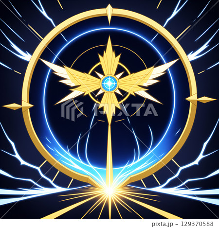 Stunning golden emblem with radiating blue energy and bright light bursts, symbolizing power and innovation 129370588