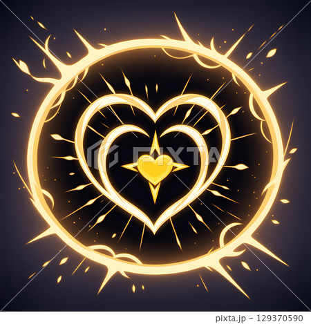 Radiant golden heart emblem bursts with magical energy, symbolizing love, power, and divine connection. 129370590