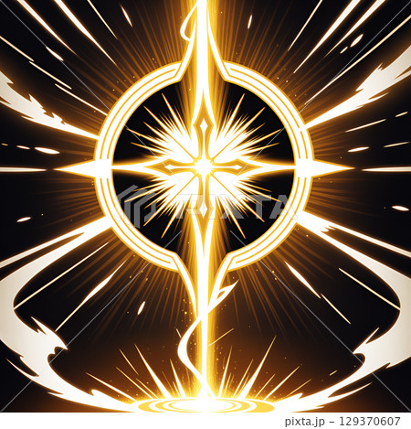 Radiant golden energy bursts forth from a luminous celestial symbol, creating a powerful, dynamic visual spectacle. Radiant golden energy bursts forth from a luminous celestial symbol, creating a powerful, dynamic visual spectacle. 129370607