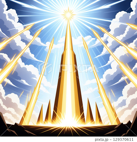 Stunning golden spires pierce vibrant sky, radiating divine light and hope, launching powerful energy beams upwards Stunning golden spires pierce vibrant sky, radiating divine light and hope, launching powerful energy beams upwards 129370611