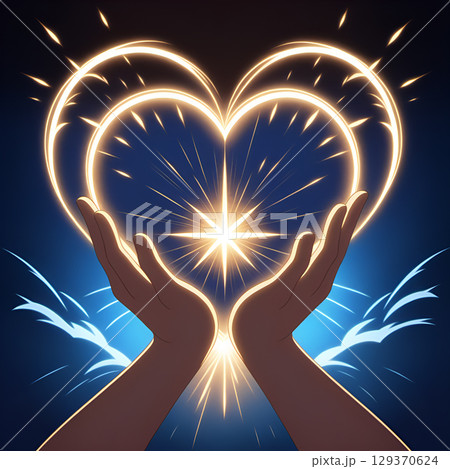 Hands cradle glowing heart radiating light, symbolizing hope, love, and positive energy in a vibrant display 129370624