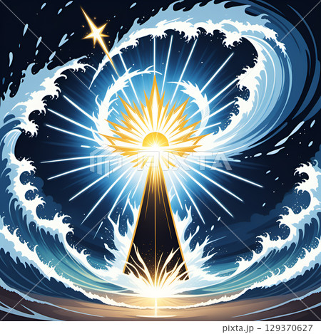 Radiant starburst erupts from dark spire amidst crashing ocean waves under a starry night sky 129370627