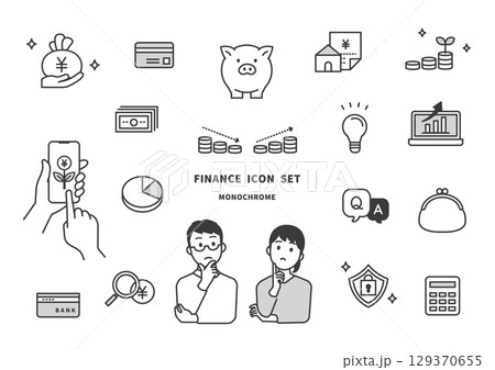 資産運用や家計管理をテーマにした金融アイコンセットのイラスト（モノクロ） 129370655