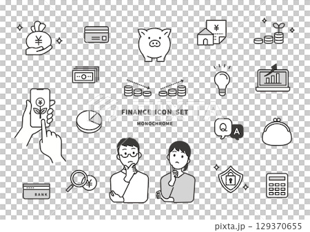 Illustration of a financial icon set themed around asset management and household management (monochrome) 129370655