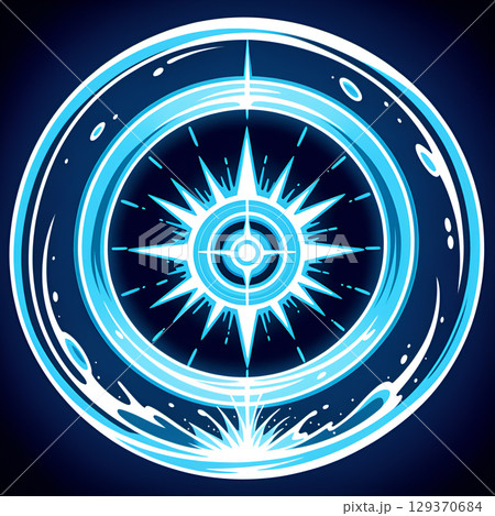 Bright blue radiant starburst compass design with swirling outer ring and subtle sparkling elements against dark background 129370684