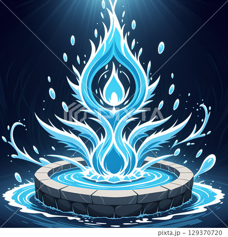 Stylized blue water fountain erupting with glowing core against dark background 129370720