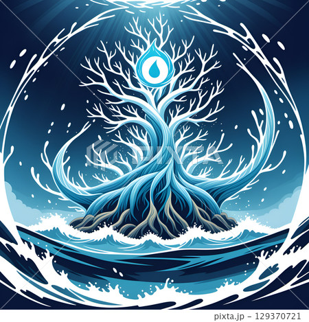 Mystical Water Tree of Life with Flowing Branches in Deep Blue Ocean Waves 129370721
