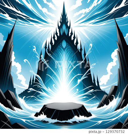 Mystical dark castle with glowing blue energy erupting from its center against a dramatic sky Mystical dark castle with glowing blue energy erupting from its center against a dramatic sky 129370732