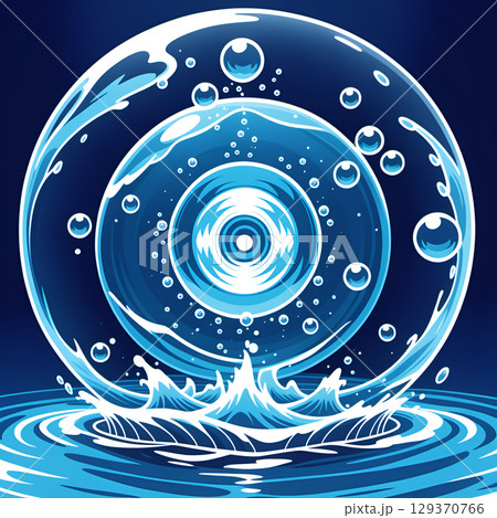 Dynamic abstract water vortex with splashing waves and floating bubbles against a dark blue background 129370766