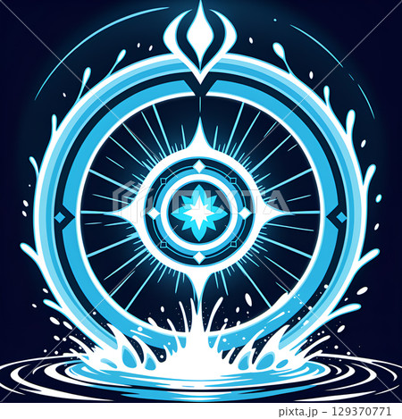 Abstract glowing blue circular portal with water splashes against dark background 129370771