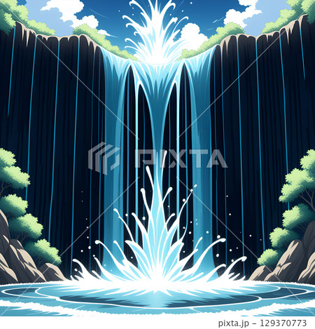 Majestic waterfall cascades down dark cliffs into a vibrant blue pool surrounded by lush green trees 129370773