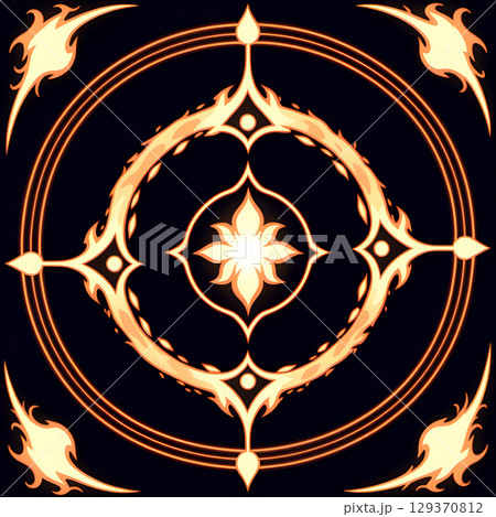 Intricate glowing golden mandala with fiery accents on a dark background 129370812
